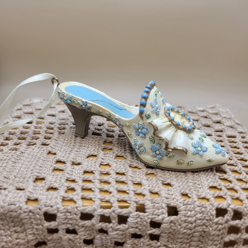 Vintage Style Miniature High Heel Shoe Ornament Blue Floral Victorian Decor